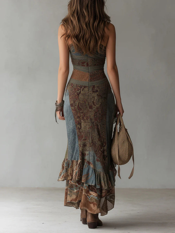 Elena | Long, one-shoulder dress with an ethnic print and a high slit