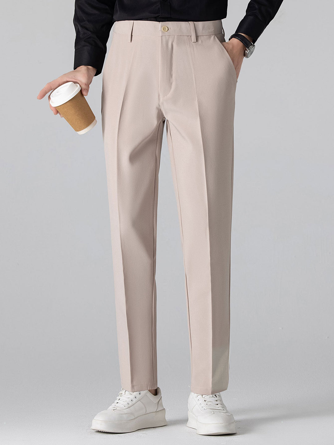 Contrast Trim Ribbed Johnny Collar Knit Polo & Slim Fit Tapered Trousers