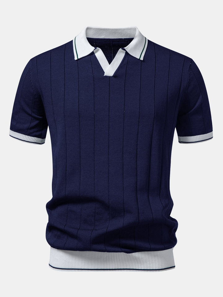 Contrast Trim Ribbed Johnny Collar Knit Polo & Slim Fit Tapered Trousers