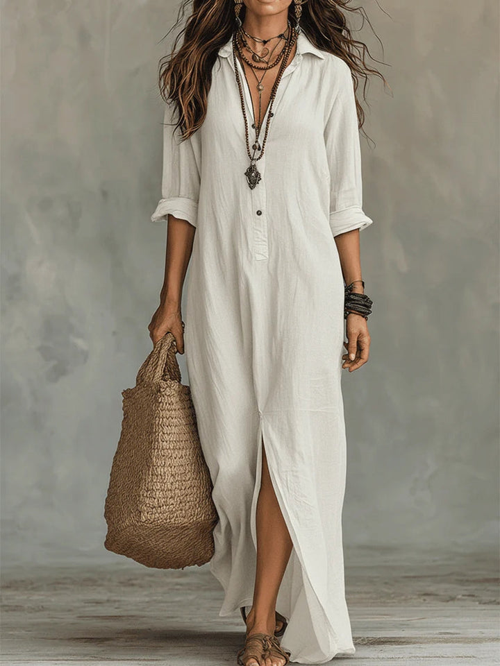 Soline™ | Flowing Black Maxi Dress with Buttons