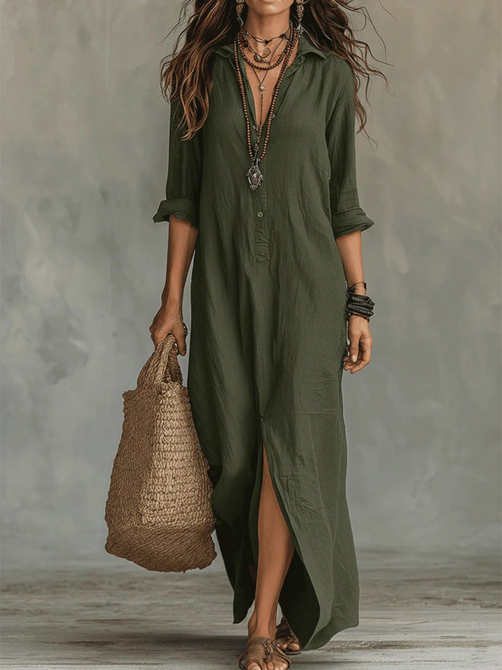 Soline™ | Flowing Black Maxi Dress with Buttons