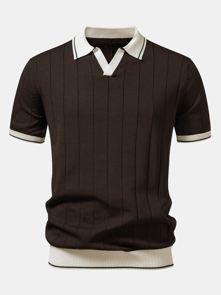 Contrast Trim Ribbed Johnny Collar Knit Polo & Slim Fit Tapered Trousers