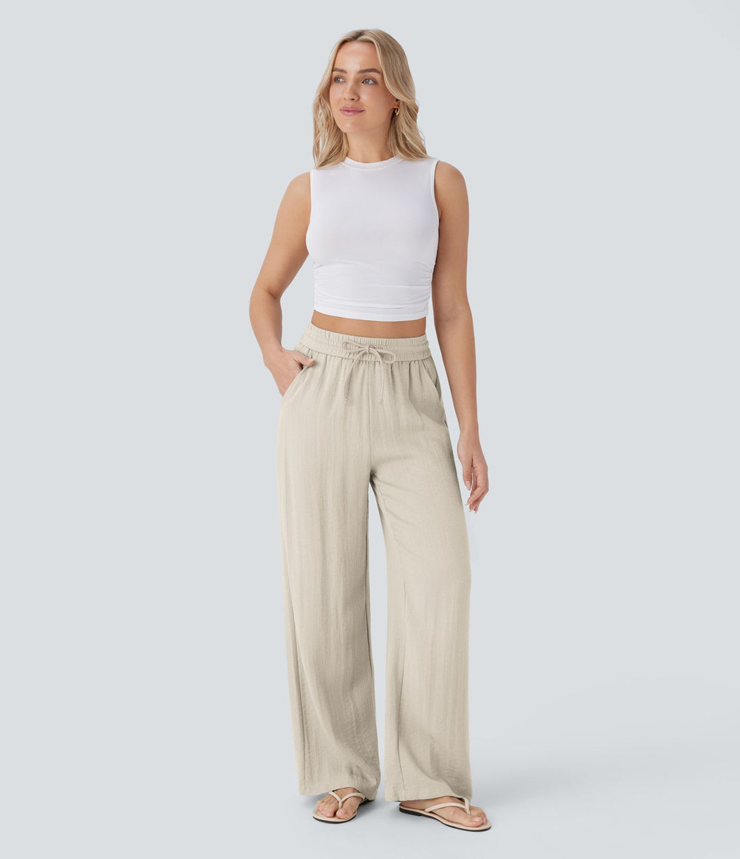 High Waisted Drawstring Pocket Wide Leg Casual Linen-Feel Trousers