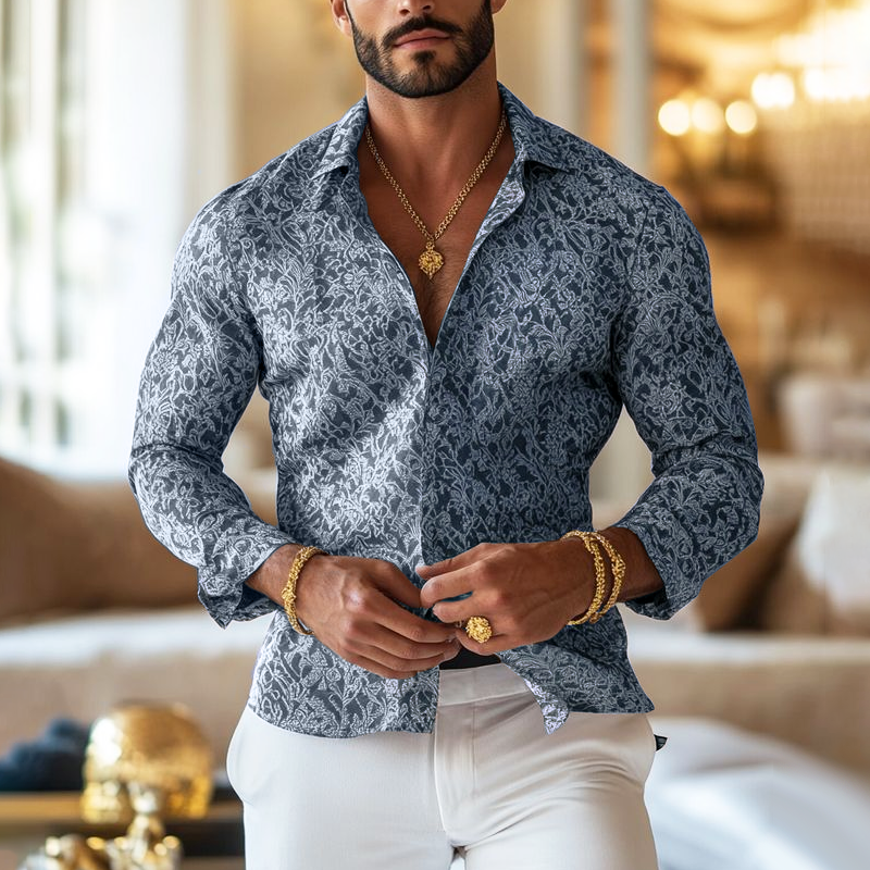 Men's Vintage Print Lapel Long Sleeve Shirt MTA1900F3Z
