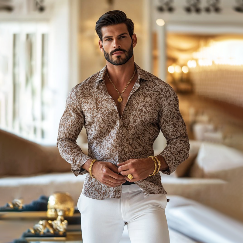 Men's Vintage Print Lapel Long Sleeve Shirt MTA1900F3Z