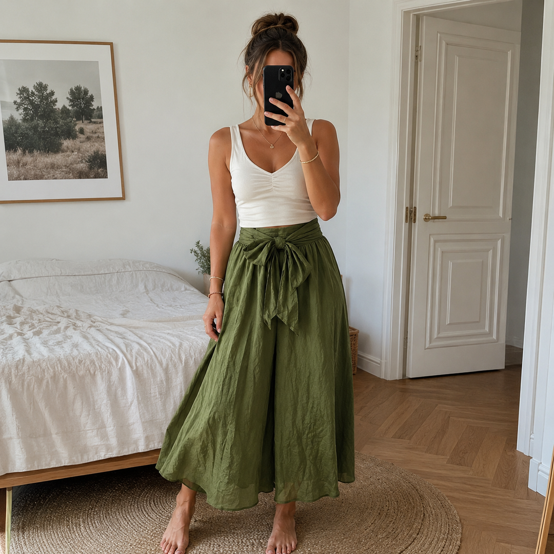 Yvette™ Two-Piece Set: Black Top and Olive Green Midi Skirt