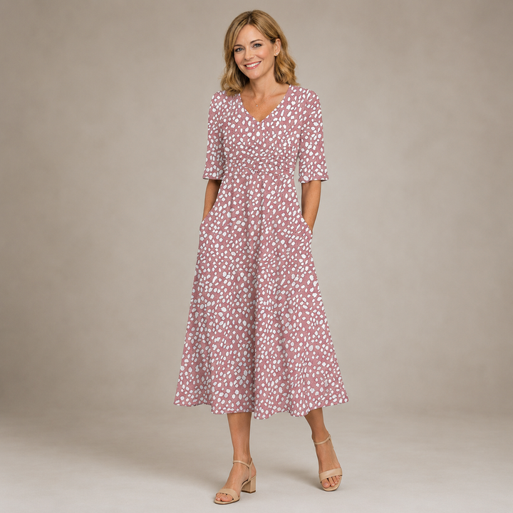 COLETTE | ELEGANT TUMMY-FLATTERING POLKA DOT MIDI DRESS