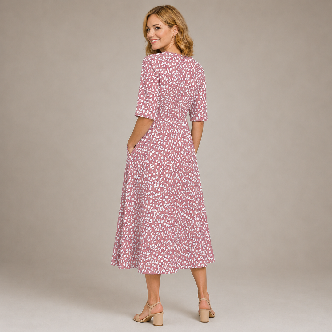 COLETTE | ELEGANT TUMMY-FLATTERING POLKA DOT MIDI DRESS