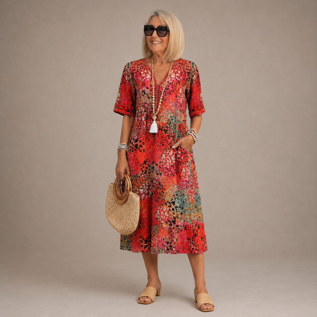 SUSAN | VIBRANT MIDI DRESS WITH ELEGANT TUMMY COVERAGE