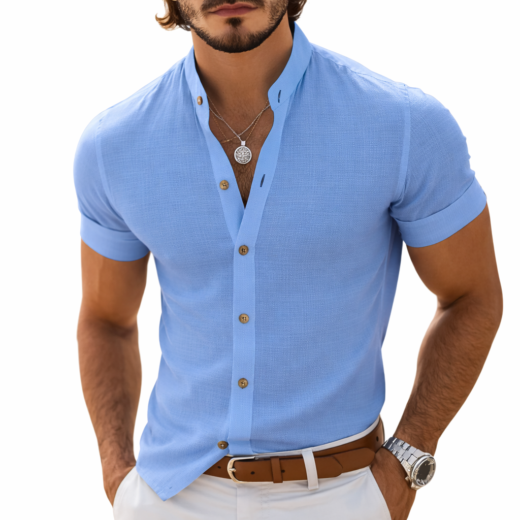 Men's Summer Basic Stand Collar Textured Short Sleeve Shirt MTA1316F2U