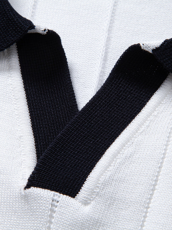 Contrast Trim Ribbed Johnny Collar Knit Polo & Slim Fit Tapered Trousers