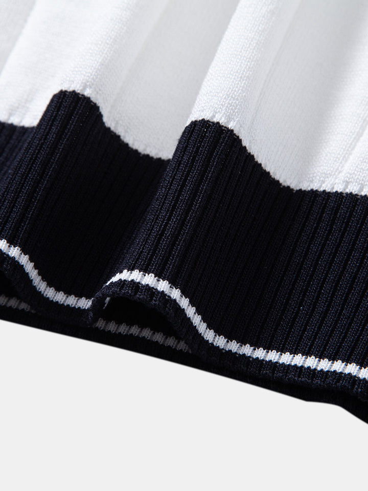 Contrast Trim Ribbed Johnny Collar Knit Polo & Slim Fit Tapered Trousers