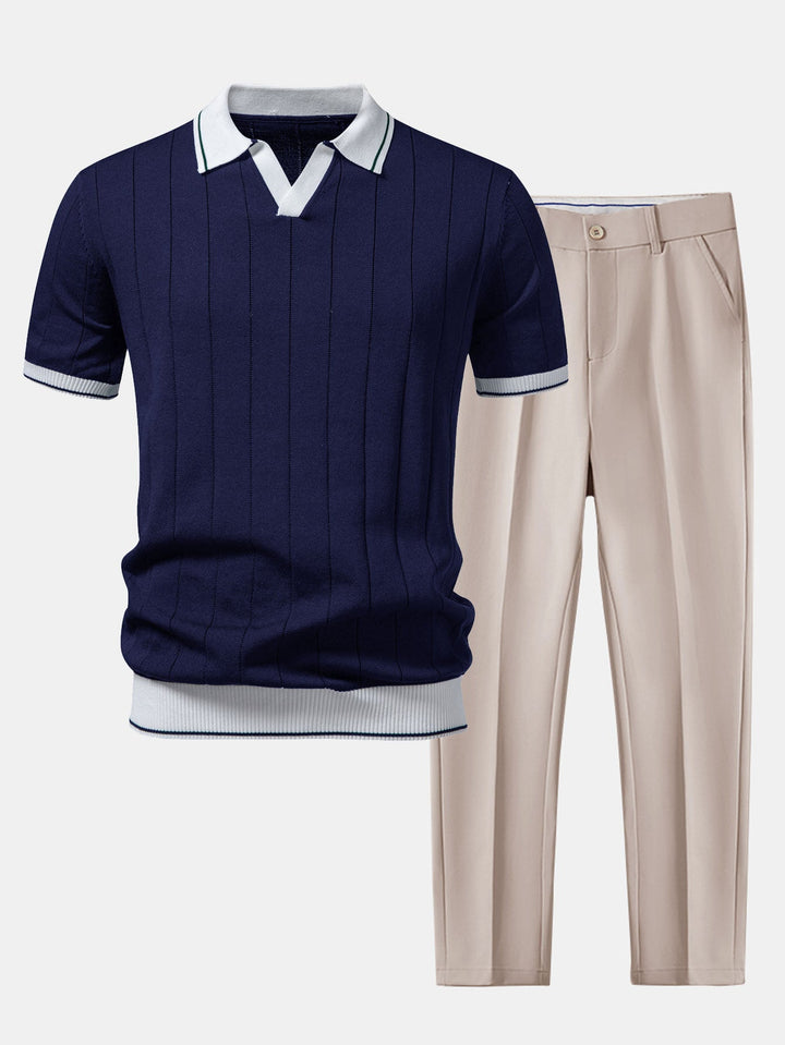 Contrast Trim Ribbed Johnny Collar Knit Polo & Slim Fit Tapered Trousers