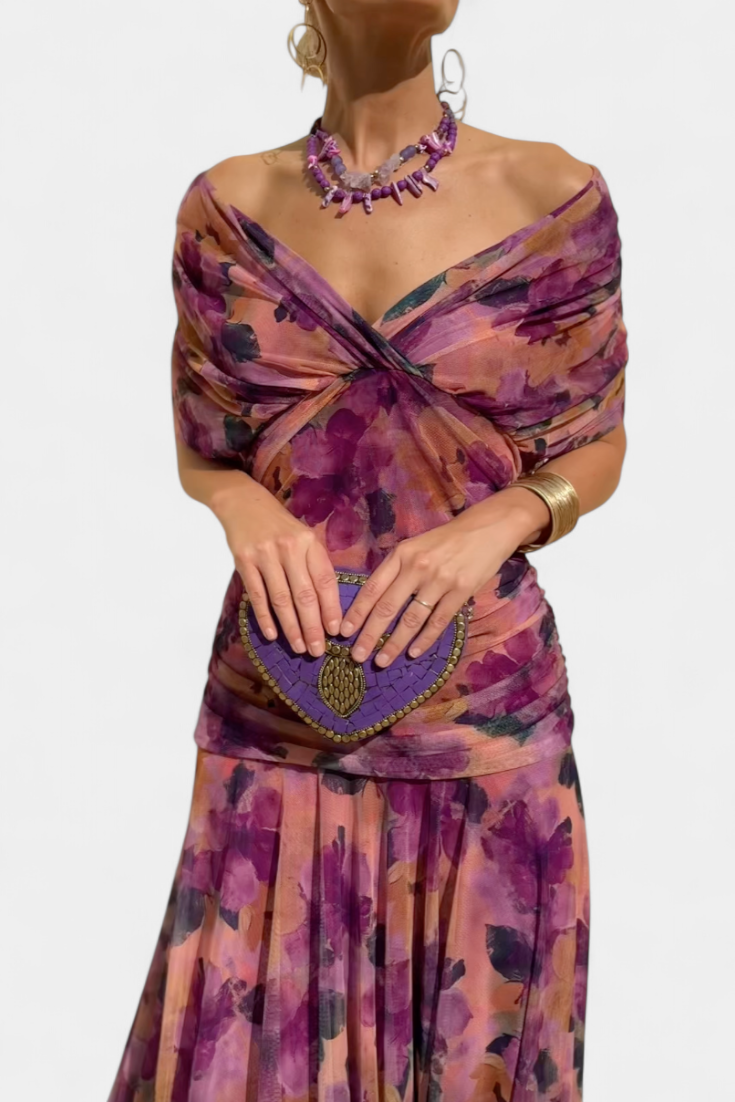 Florendra™ | Long Floral V Neck Dress