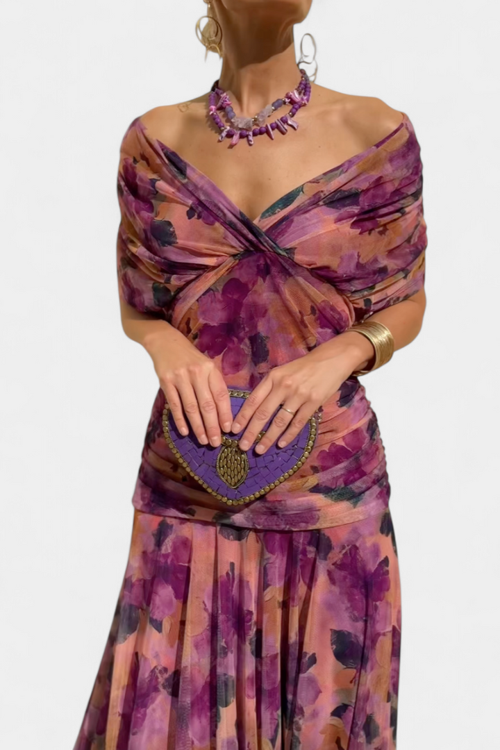 Florendra™ | Long Floral V Neck Dress