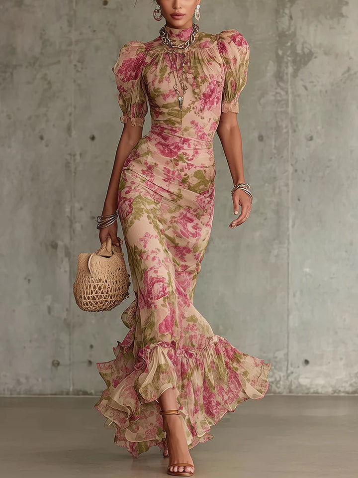 Fiora | Long dress with a vintage rose print and puff sleeves