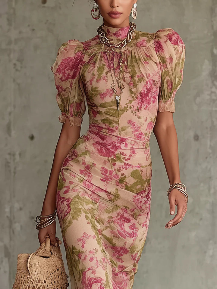 Fiora | Long dress with a vintage rose print and puff sleeves