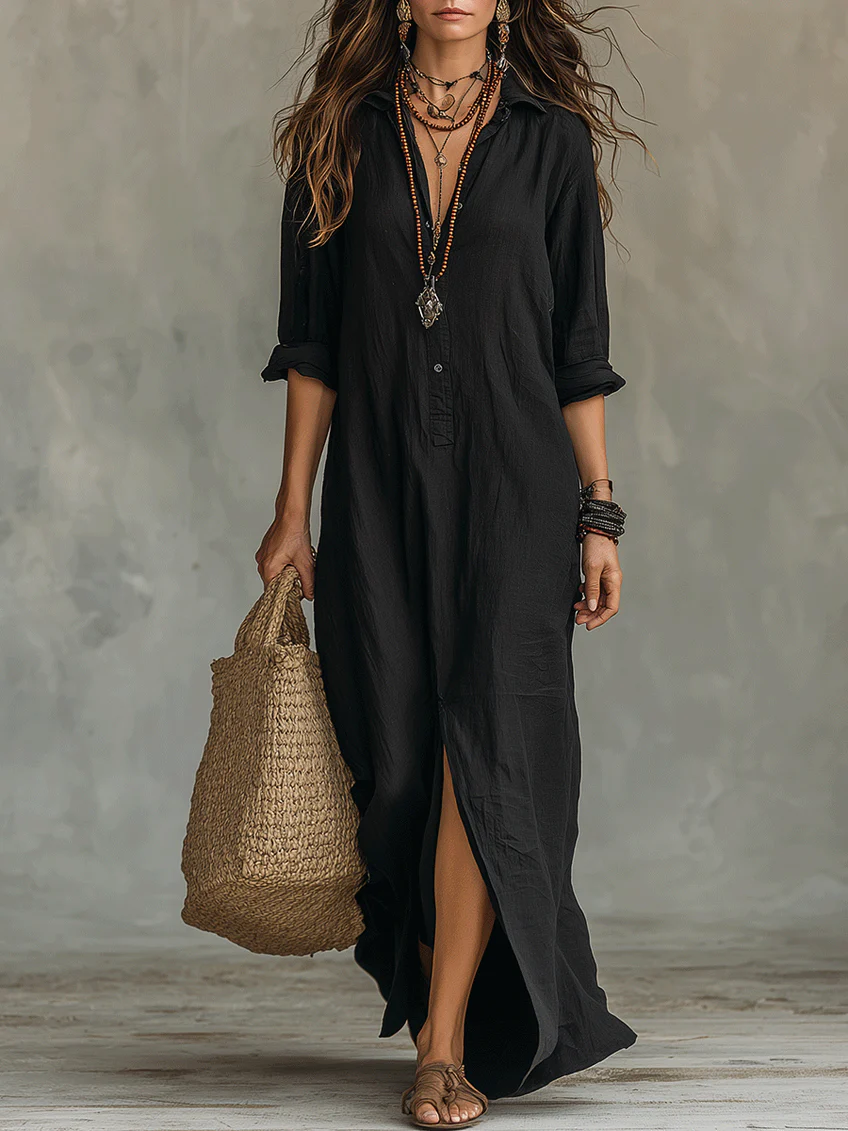 Soline™ | Flowing Black Maxi Dress with Buttons