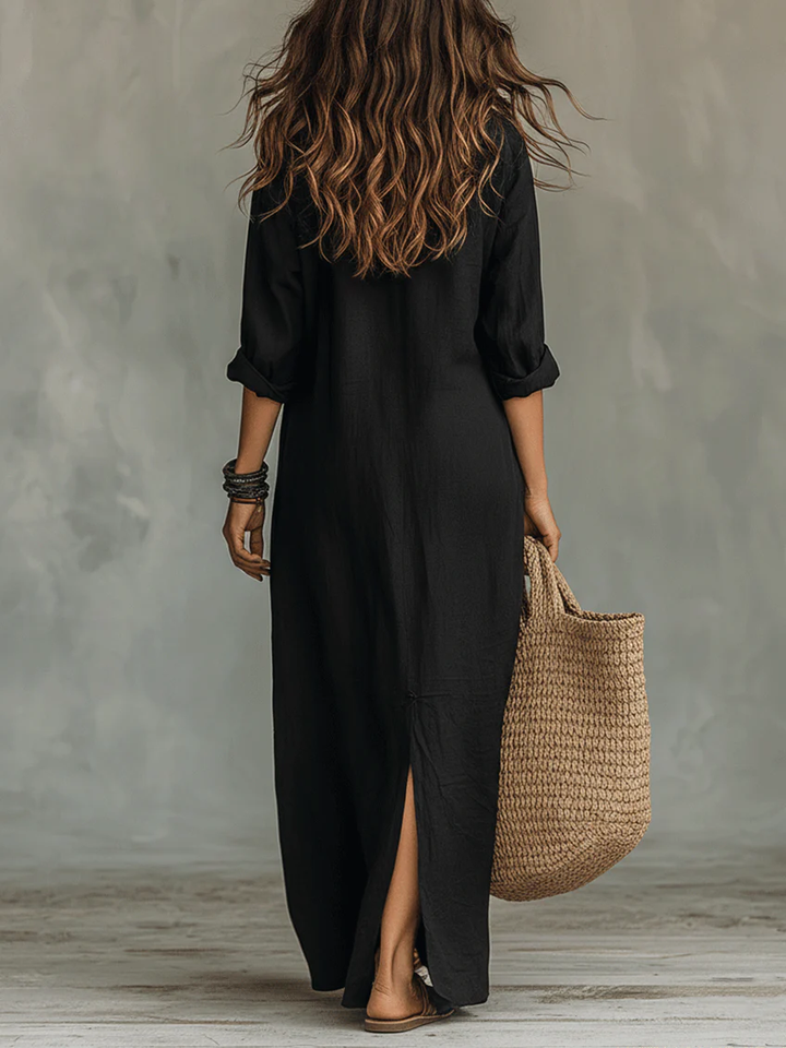 Soline™ | Flowing Black Maxi Dress with Buttons