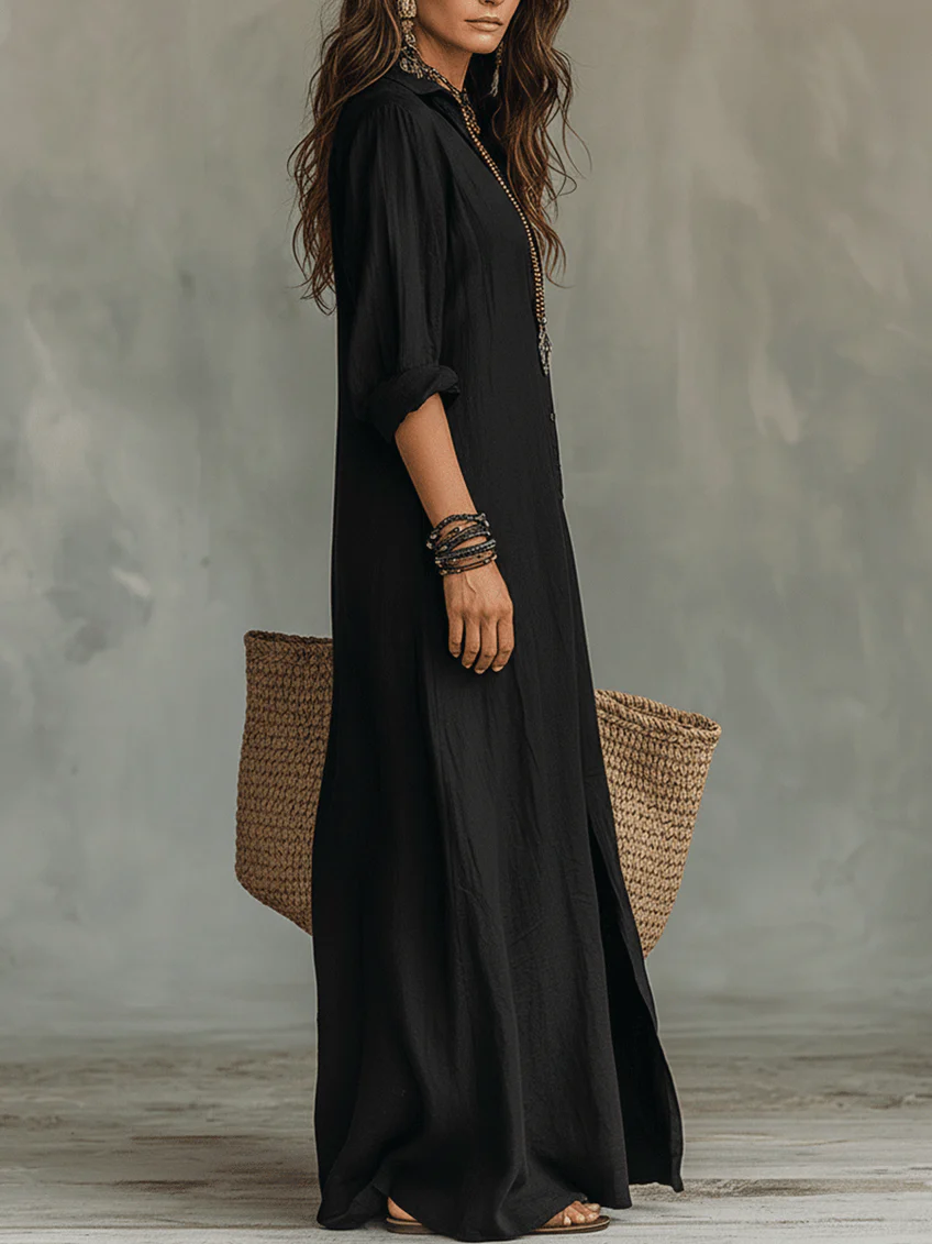 Soline™ | Flowing Black Maxi Dress with Buttons