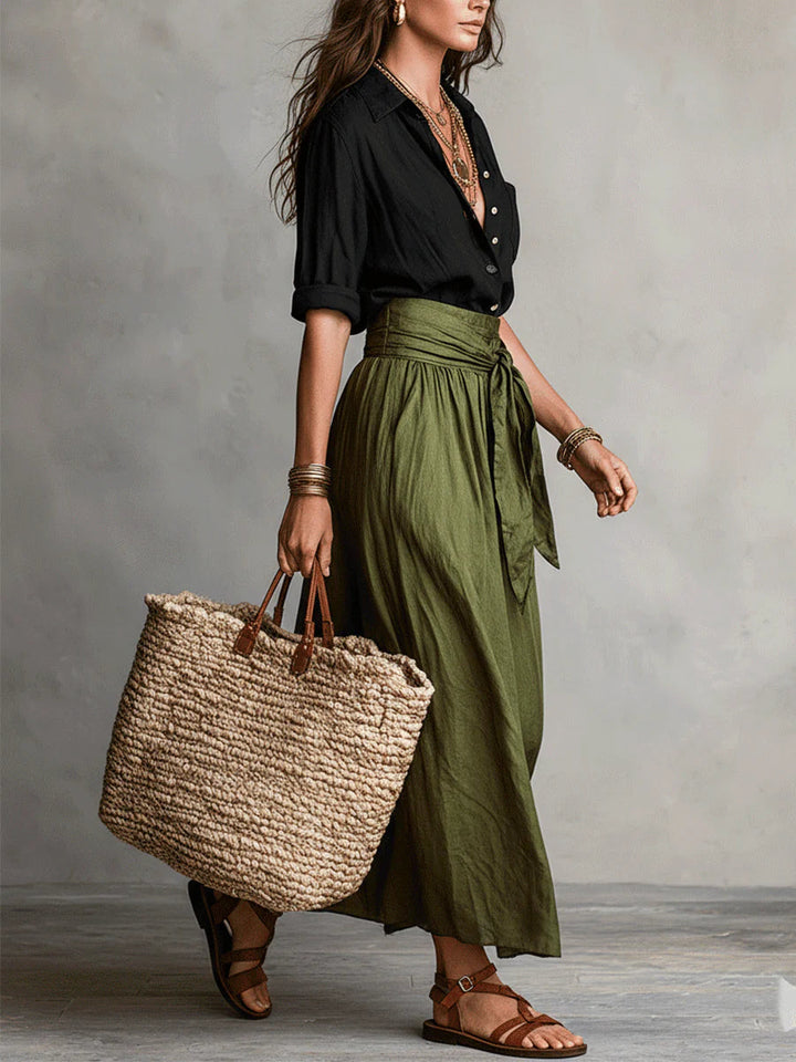 Yvette™ Two-Piece Set: Black Top and Olive Green Midi Skirt