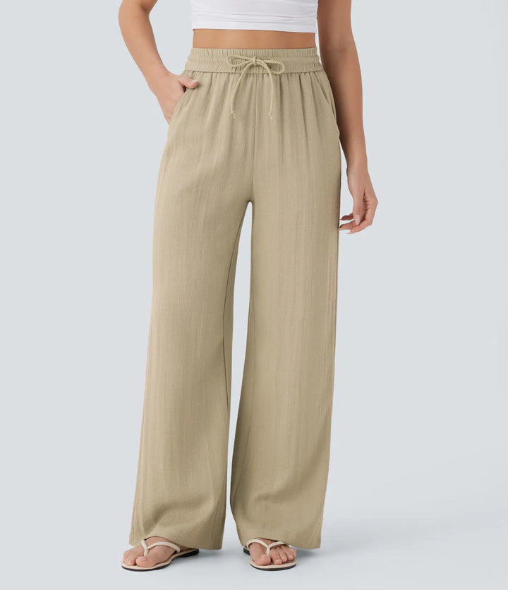 High Waisted Drawstring Pocket Wide Leg Casual Linen-Feel Trousers