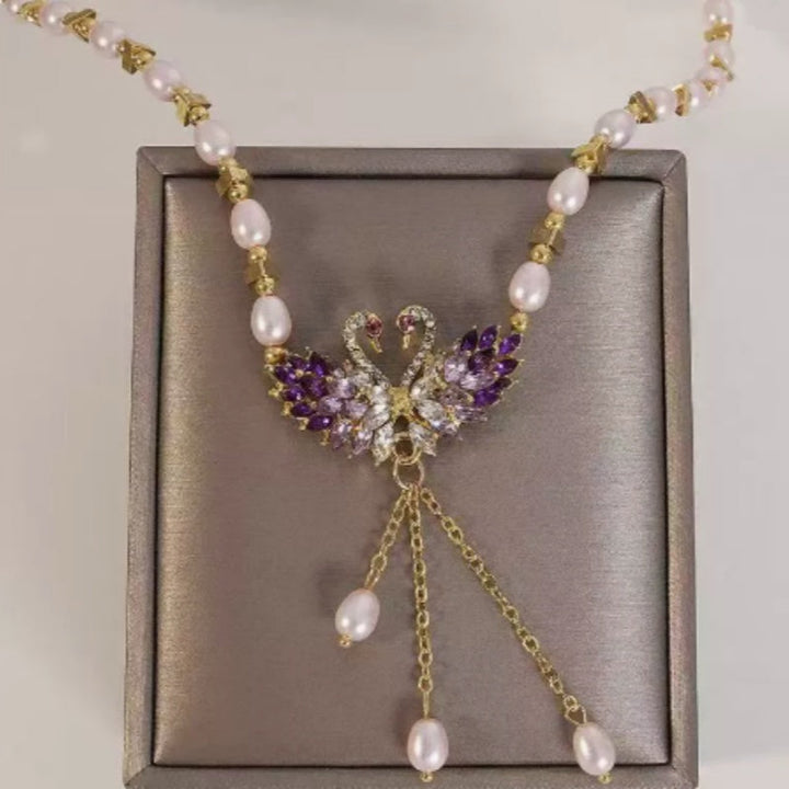 Necklace with Double Swan Pendant in Purple