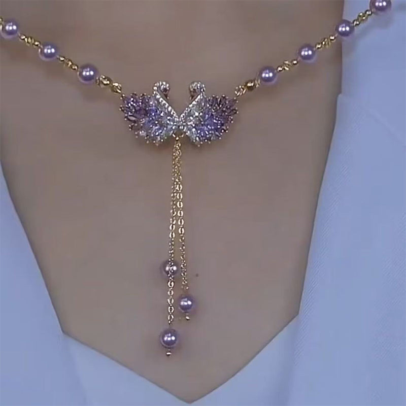 Necklace with Double Swan Pendant in Purple