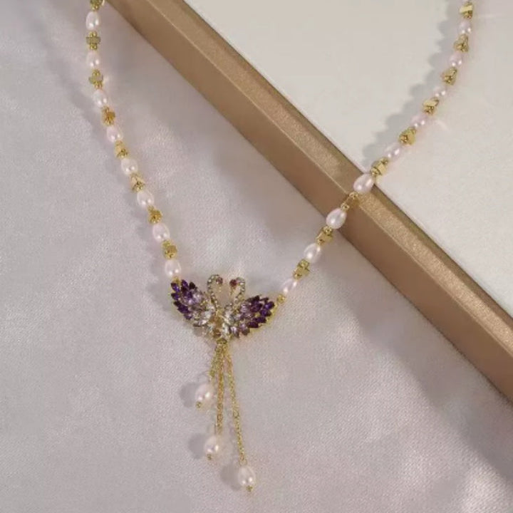 Necklace with Double Swan Pendant in Purple